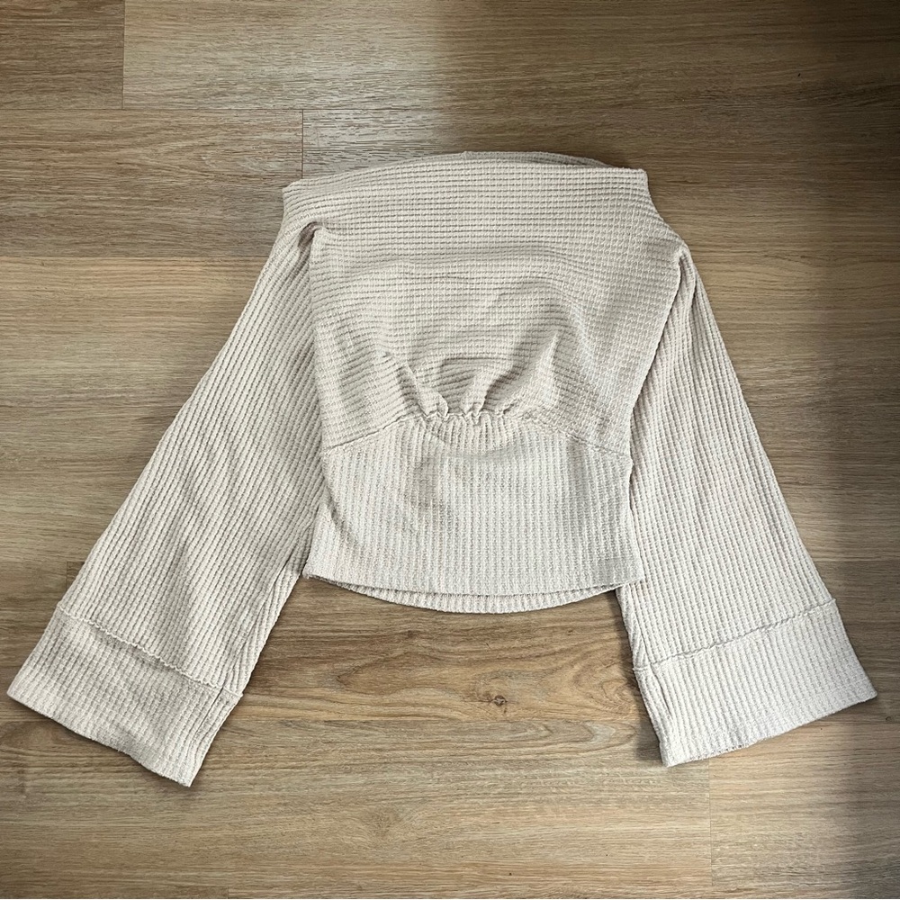 Free People Cream Off-Shoulder Ribbed Sweater